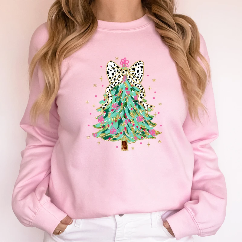 Womens Christmas Sweatshirt Colorful Christmas Tree with Bow Trending Sweatshirts Merry Christmas Tree Cartoon Classic Hoodies