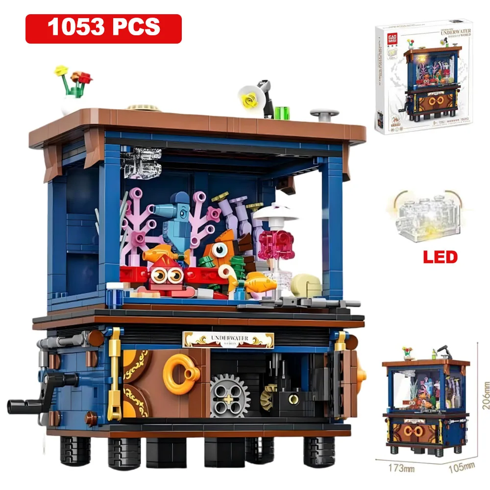 1053 Uds. Decoración del hogar de ciudad microcosmo del mar profundo creativo con luz LED forma de pez marino bloques de construcción pez payaso juguetes regalos