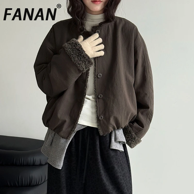 

FANAN хлопковые пальто с дизайном из овечьей шерсти для женщин, однобортная толстая теплая верхняя одежда с круглым вырезом, топы в стиле минимализм, новинка зимы