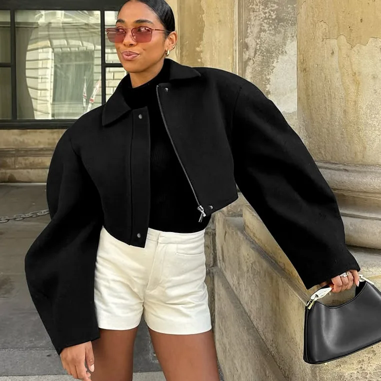 

Black Autumn Women's Woolen Coat Lapel Collar Zipper Fly Patchwork Female's Cropped Jacket Korean-style Chic Outwear For Lady