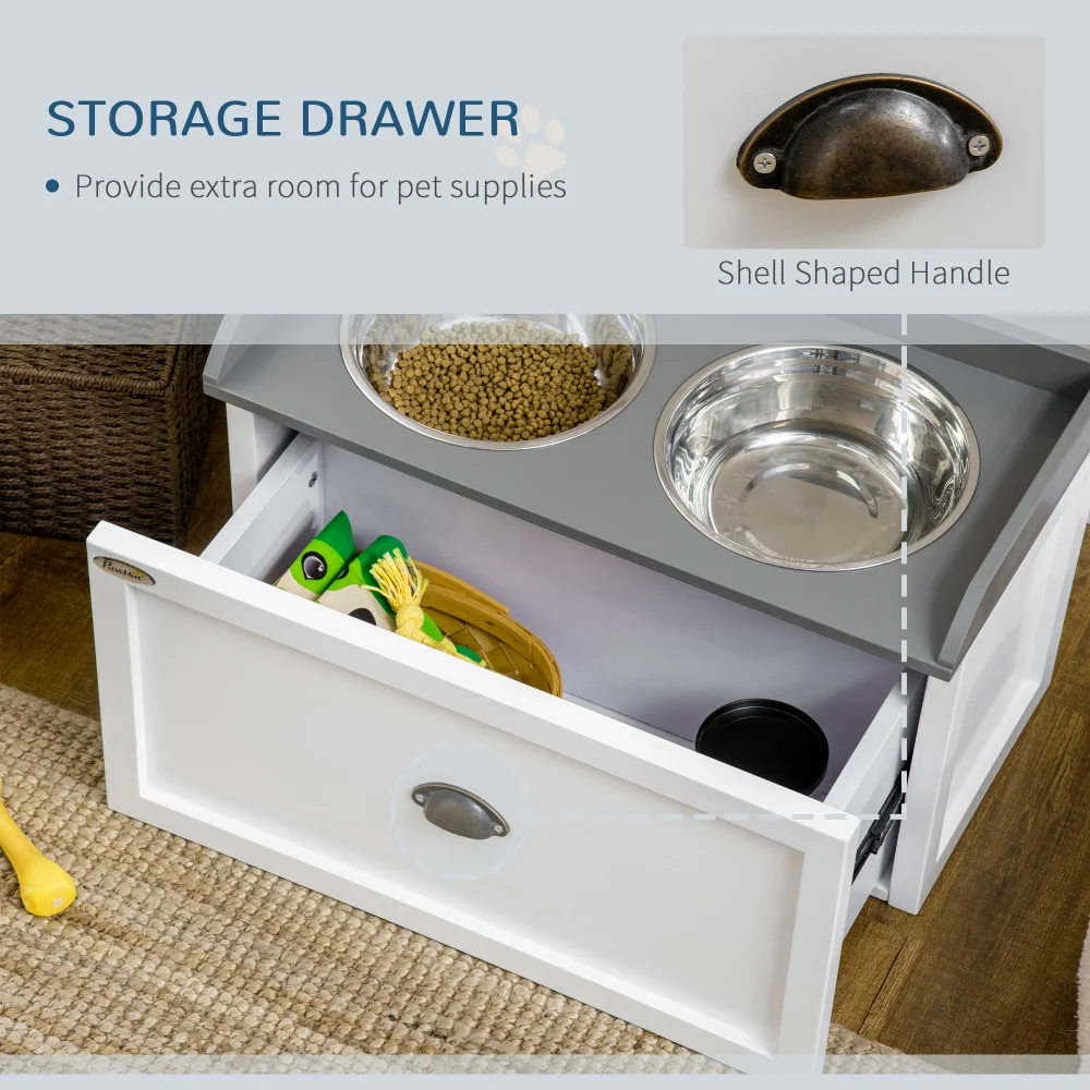 PawHut Dog Feeding Station with Storage Drawer, 2 Removable Elevated Bowls for Large Dogs, White view 5