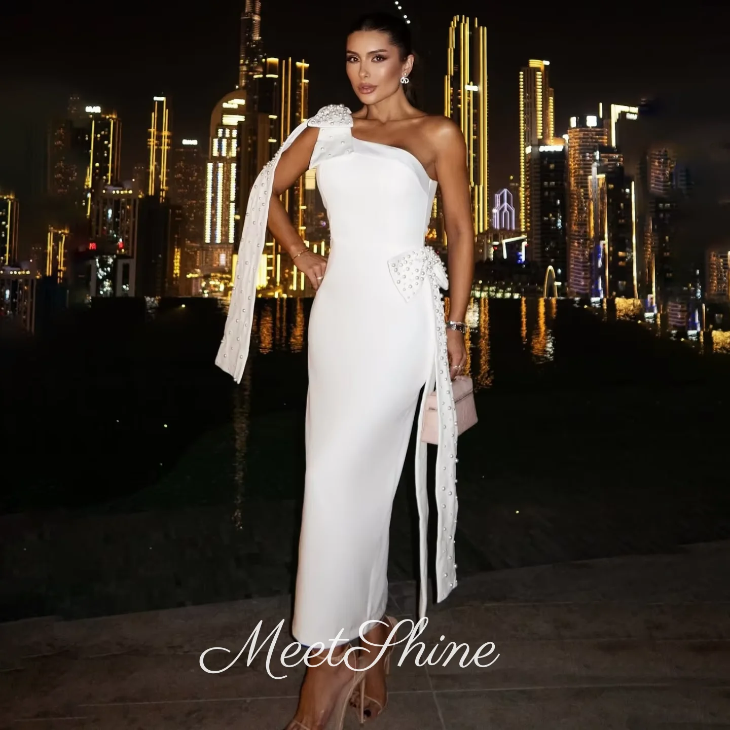 

One Shoulder Evening Party Gowns Floor Length White Beading Mermaid Prom Dress Saudi Arabia Women Formal Occasion Wedding Dress
