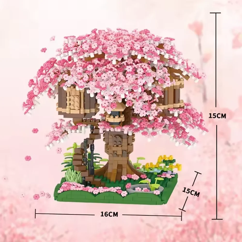 DIY 2008 個パープルロマンチックな桜の花ピンクのツリーハウス列車アセンブリビルディングブロッククラシックモデルレンガセット子供