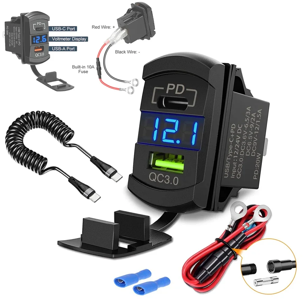 12V USB Car Outlet 18W QC3.0 USB-A Port & 36W PD3.0 Port Charger Rocker Switch Socket with LED Voltmeter for RV Boat Motorcycle