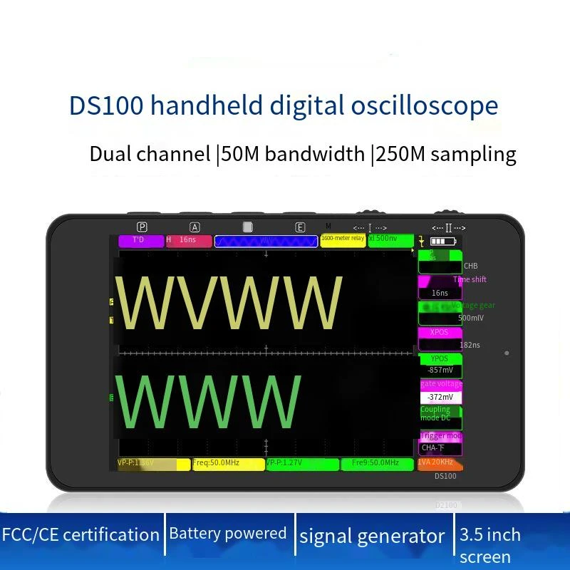 Mini osciloscópio digital, portátil, canais duplos, multifunções, testador de componentes eletrônicos, largura de banda 50m, DS100