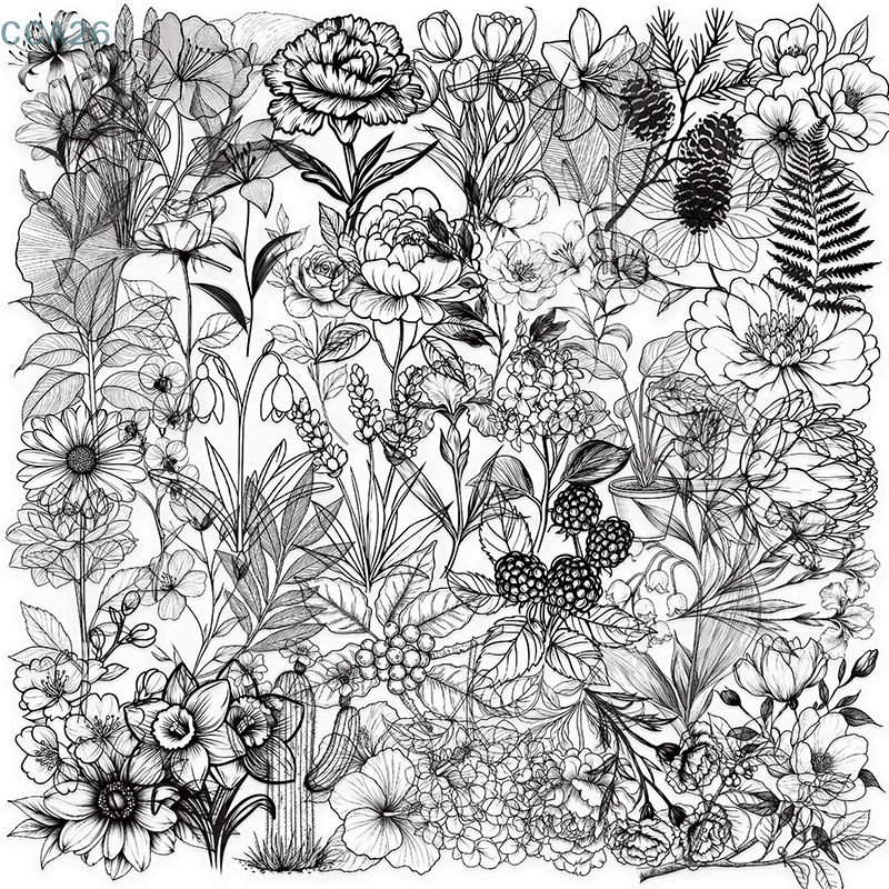 50-Pack Clear Floral and Foliage Stickers, Retro Design for Laptop, Scrapbooking and DIY Decor, Black White PET Decals
