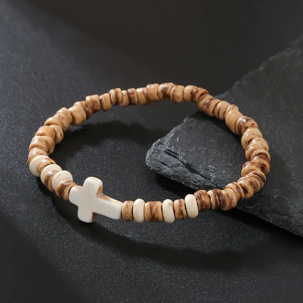 Bohemian Coconut Shell Wood Chips Cross Bracelet For Men Retro Handmade Beaded Jewelry Fashion Accessories Gifts view 2