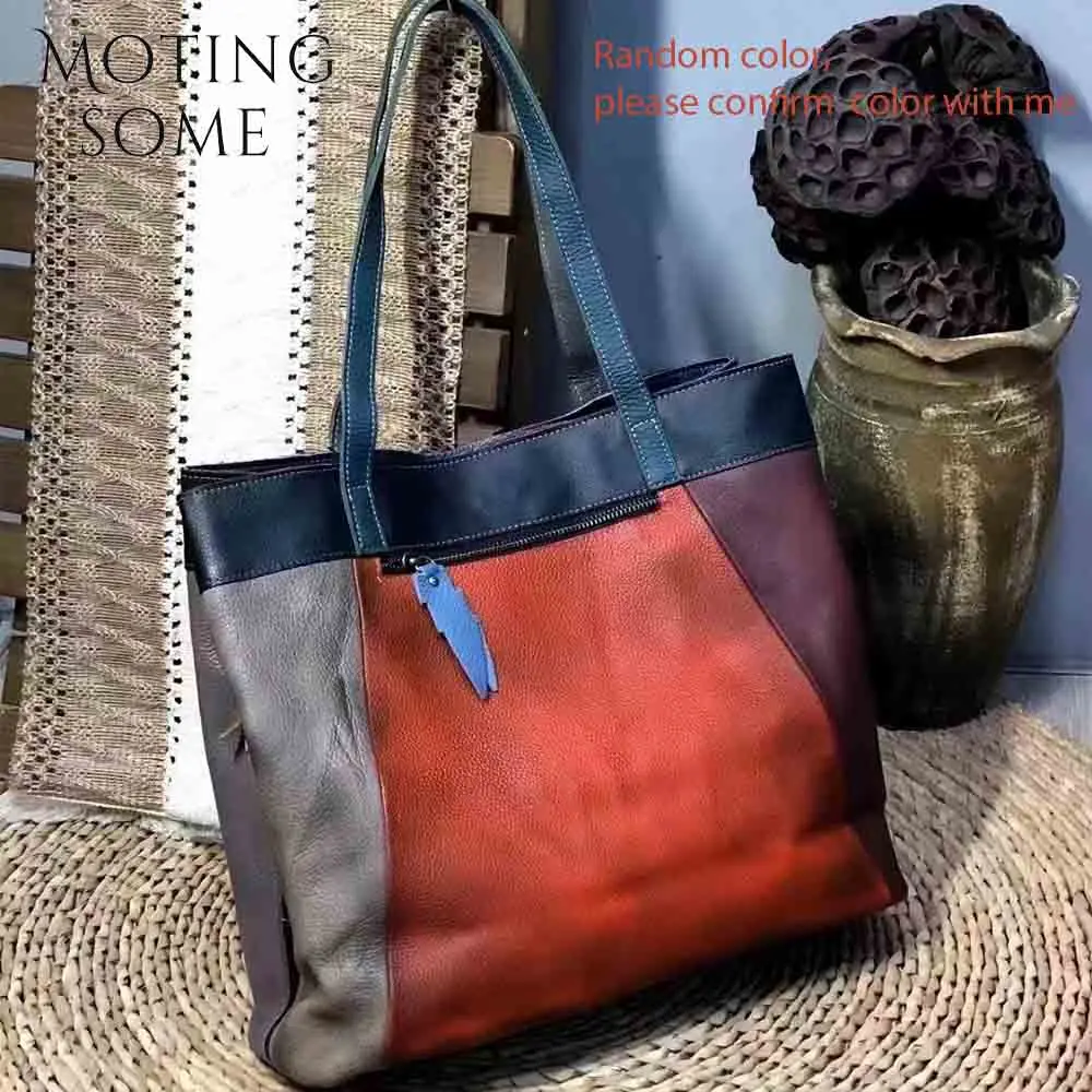 Motingsome Thick Genuine Leather Woman Tote Bag Retro Brush Colorful Cowhide Leather Patchwork Handbag Female Roomy Shopper Bag