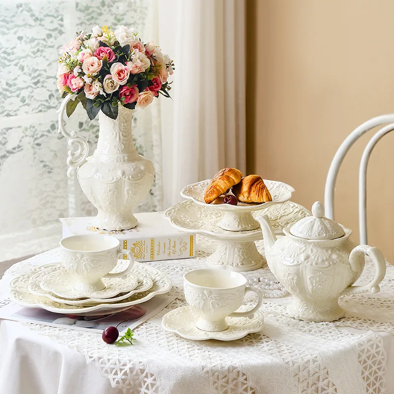 Palace Style Relief Ceramic Teapot Tableware Vintage Elegant Afternoon Tea Coffee Cups Set Dessert Pasta Plate Gift for Mother