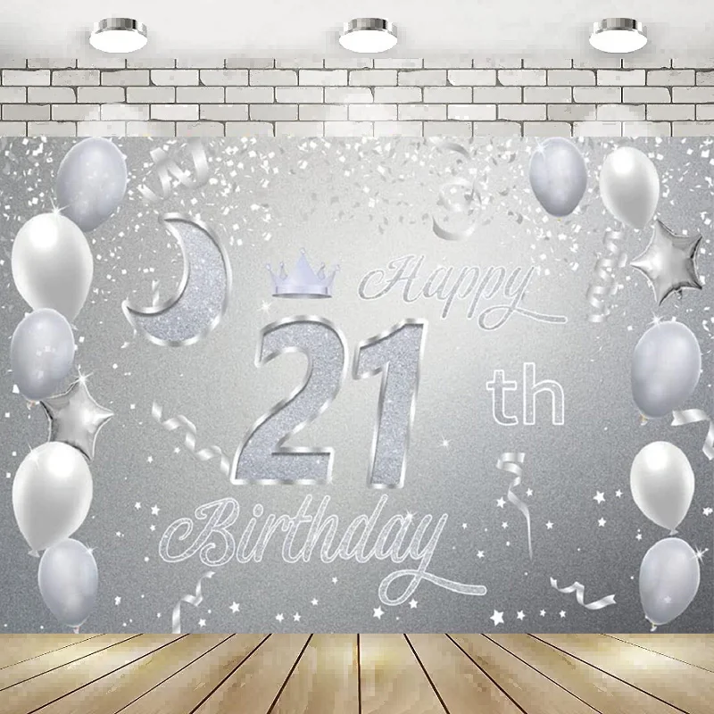 Sweet Happy 21th Birthday Party Photography Backdrop Banner Poster Decorations Background For Girls Boys Women Men Silver