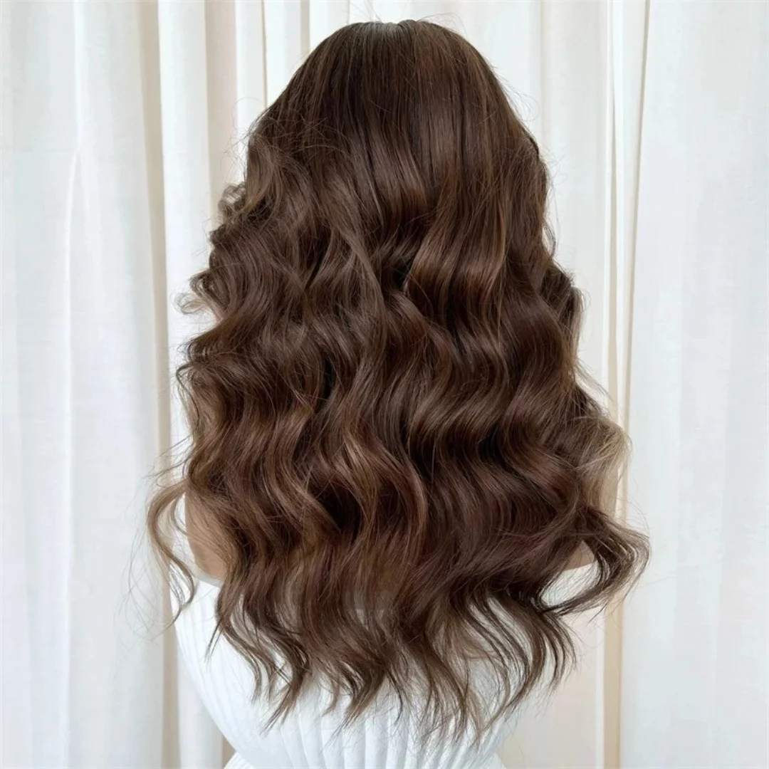 Bouncy Highlight Chocolate Brown Synthetic Lace Wigs 28 Inch Long Wavy Wig With Bangs High Density Daily Party Cosplay Wigs