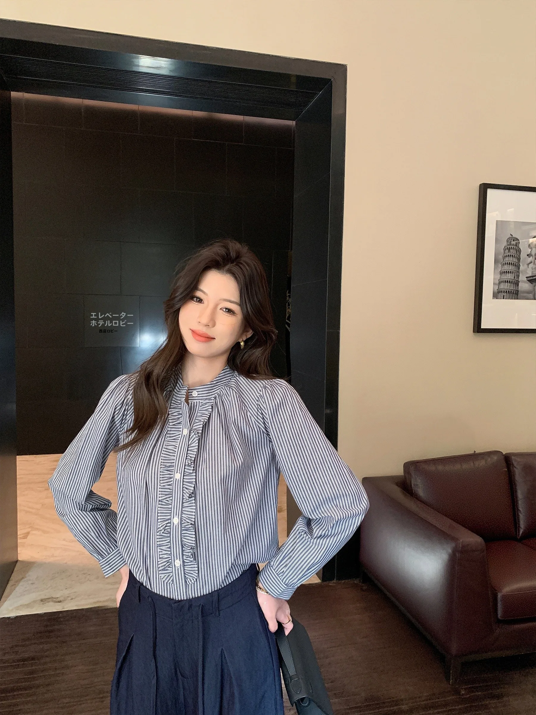 

Женская элегантная рубашка Sam Seoi Chic в полоску с длинным рукавом, для повседневной носки, стандартная длина, дышащая, приятная к телу