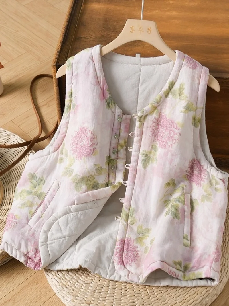 

New Chinese Style Ink Wash Printed Vest For Women Autumn And Winter 2025 Tang Clothing Sleeveless Quilted Jacketw733