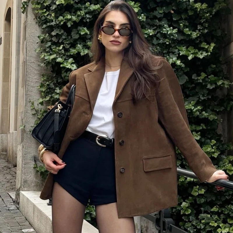 

Женский однотонный замшевый блейзер оверсайз с длинными рукавами и отложным воротником, весна 2026, новинка, верхняя одежда в стиле Old Money