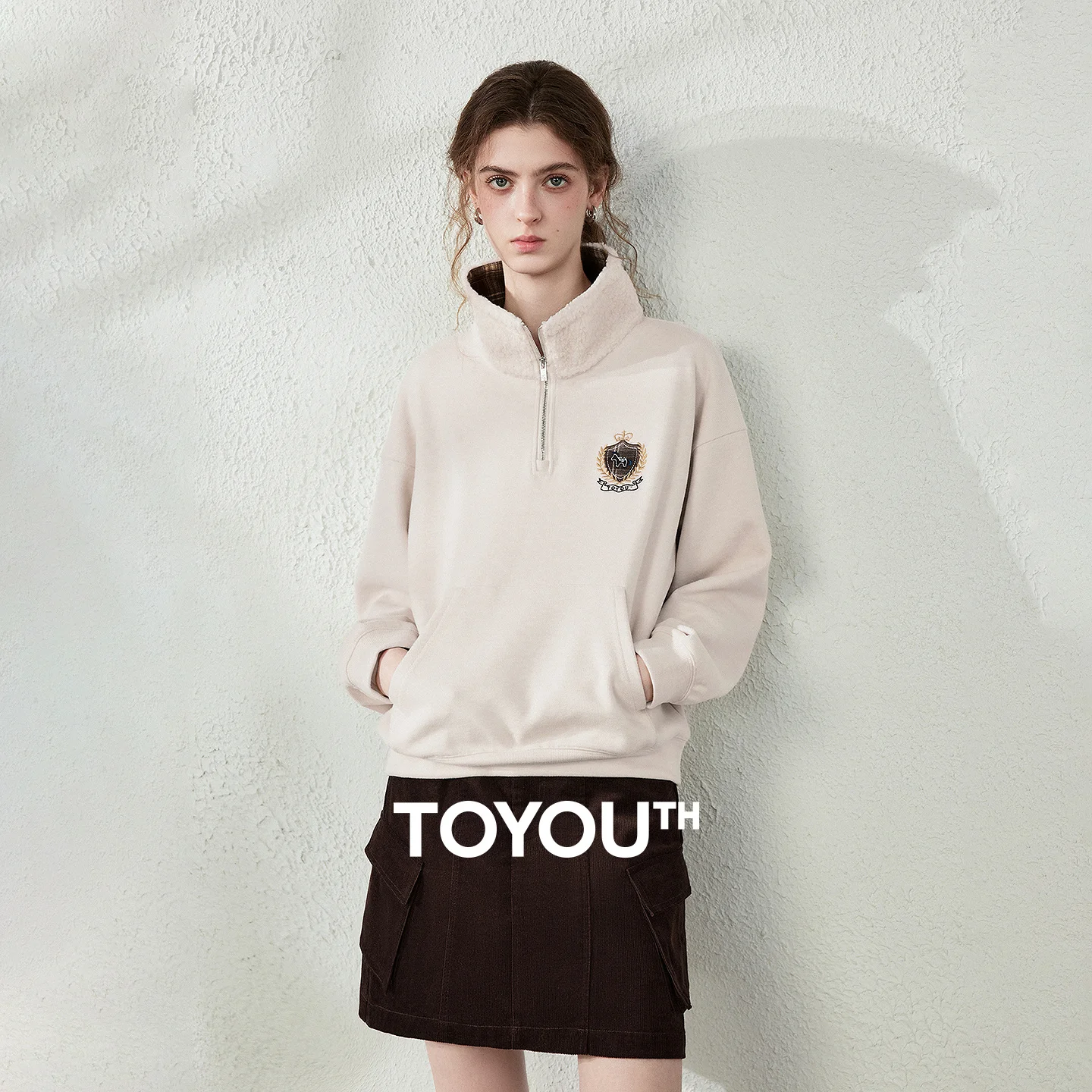 TOYOUTH Women Sweatshirt 2026 Autumn New Fleece College Style Embroidered Plaid Collar Loose Top