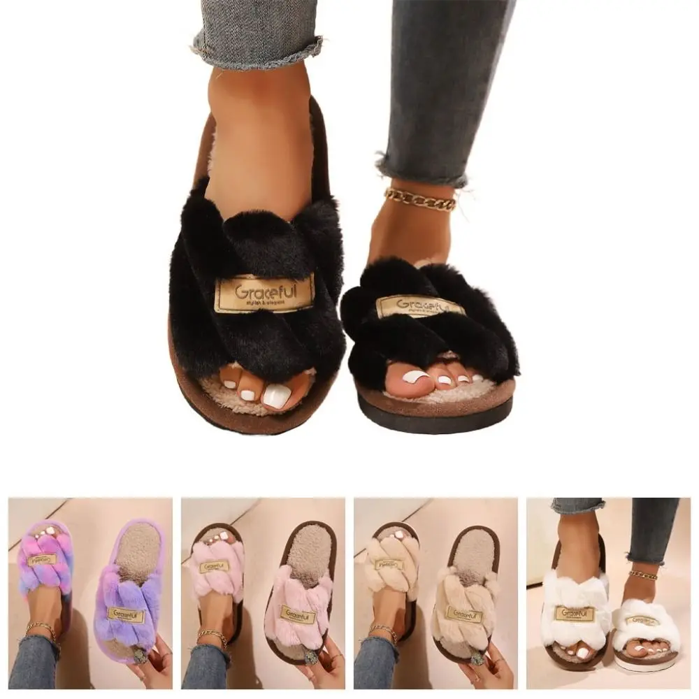 Fashion Stripe Furry Plush Slippers Fluffy Non-Slip Winter Indoor Slippers Thicken Warm Casual Fleece Slippers Bedroom view 6