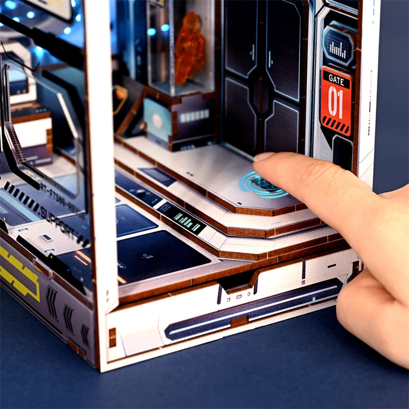 DIY książka Nook drewniany zestaw miniaturowy Model Sci-fi obcy Hub Bookend zmontowany 3D Puzzle półka na książki wystrój domu prezenty bożonarodzeniowe dla dorosłych