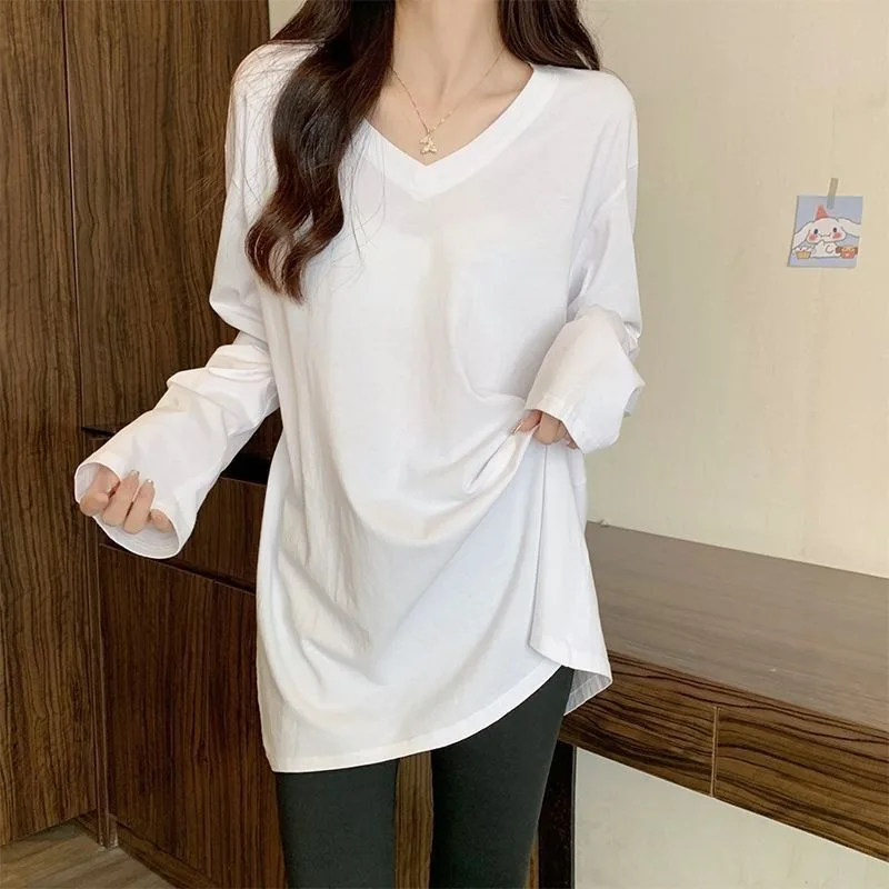 

Mid-length Warm Velvet White Base Shirt for Women with Autumn and Winter V-neck Plus Velvet Long-sleeved T-shirt Large-size Top