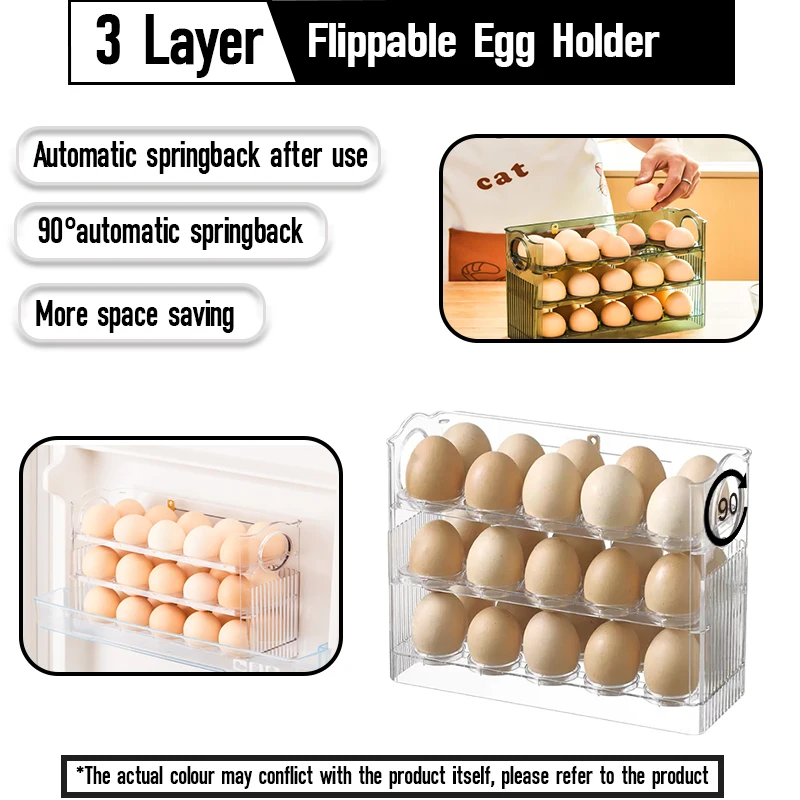 Refrigerator Egg Holder, 3-Layer Flip Fridge Door Egg Storage Rack, Tray Container, Space Saver, Egg Organizer Box, Shelf for Ki