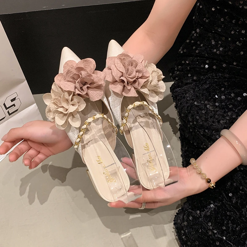 كتلة اللون زهرة عالية الكعب النعال موضة أنيقة مدبب تو كعب سميك النعال الصلبة القوس الصيف الفاخرة أحذية نسائية #5