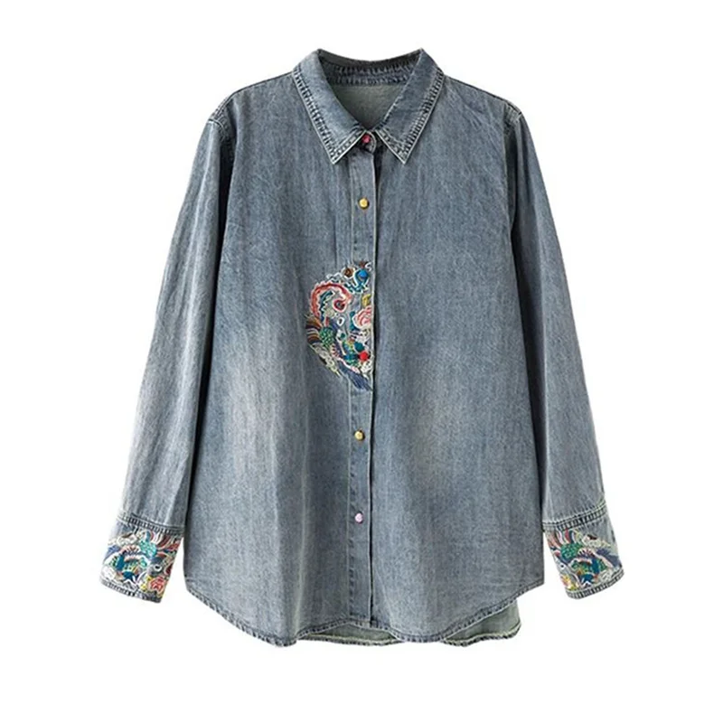 Blue Embroidered Denim Shirt Jacket Women's Spring Autumn 2024 New Retro Women's Clothing European Station Plus Size Shirt Trend