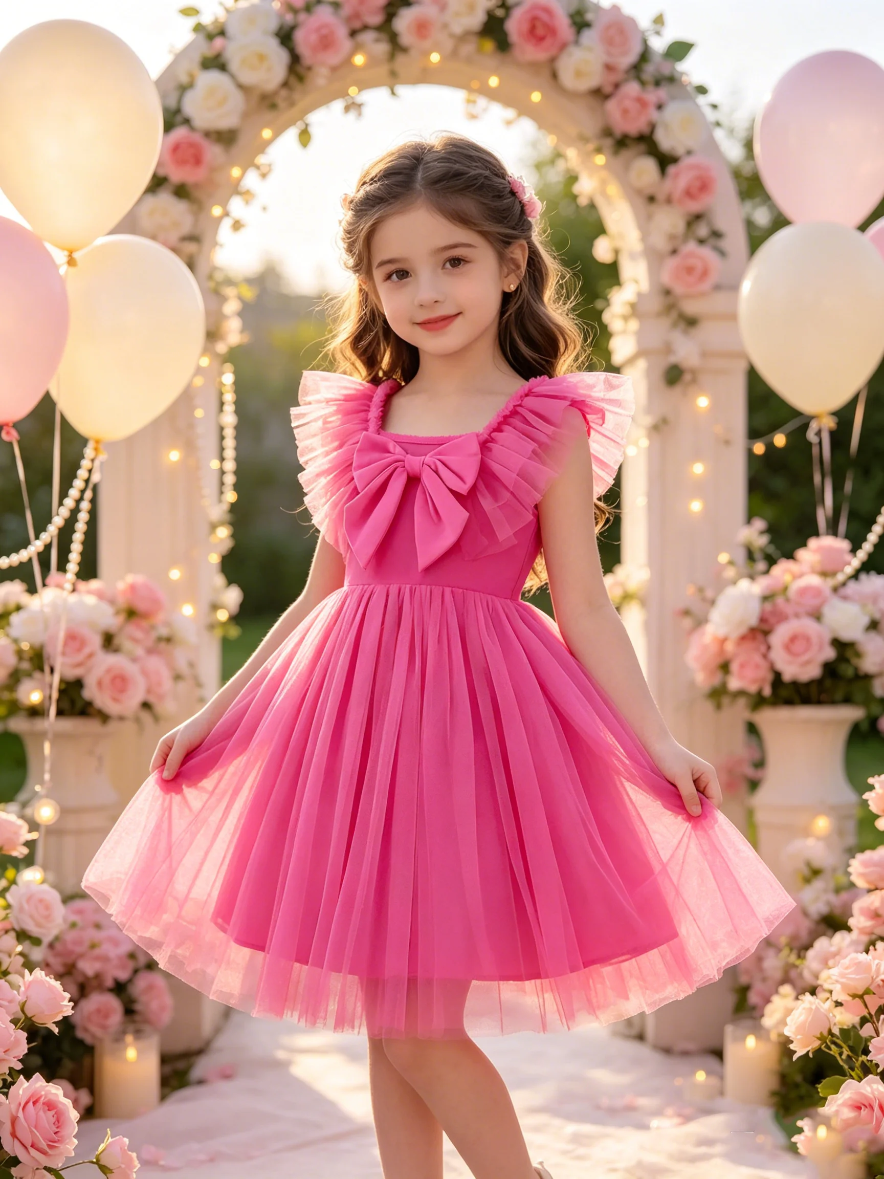 Ärmelloses Kinderkleid mit Schleife an der Taille, aus Mesh, mit quadratischem Ausschnitt, Rüschenrand, lässig, bequem, mittellanger Rock für Mädchen – Detail 2