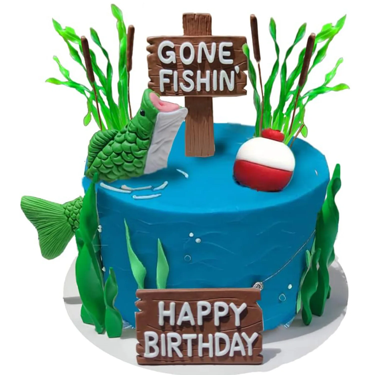 Fishing Cake Topper Gone fishing Cake with Bass Reed Happy Birthday Sign