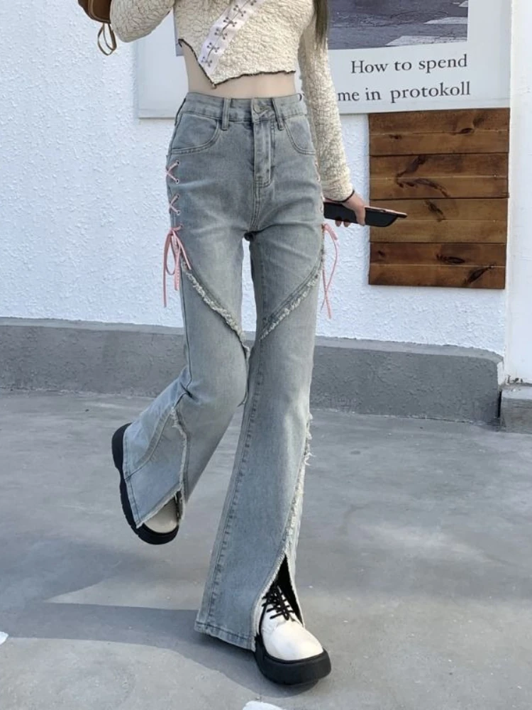 

Summer Lightweight Women's Slimming Jeans High-Waisted Stretch with Slit Raw Hem and Lace-Up Slight Flare Ankle-Length 2026