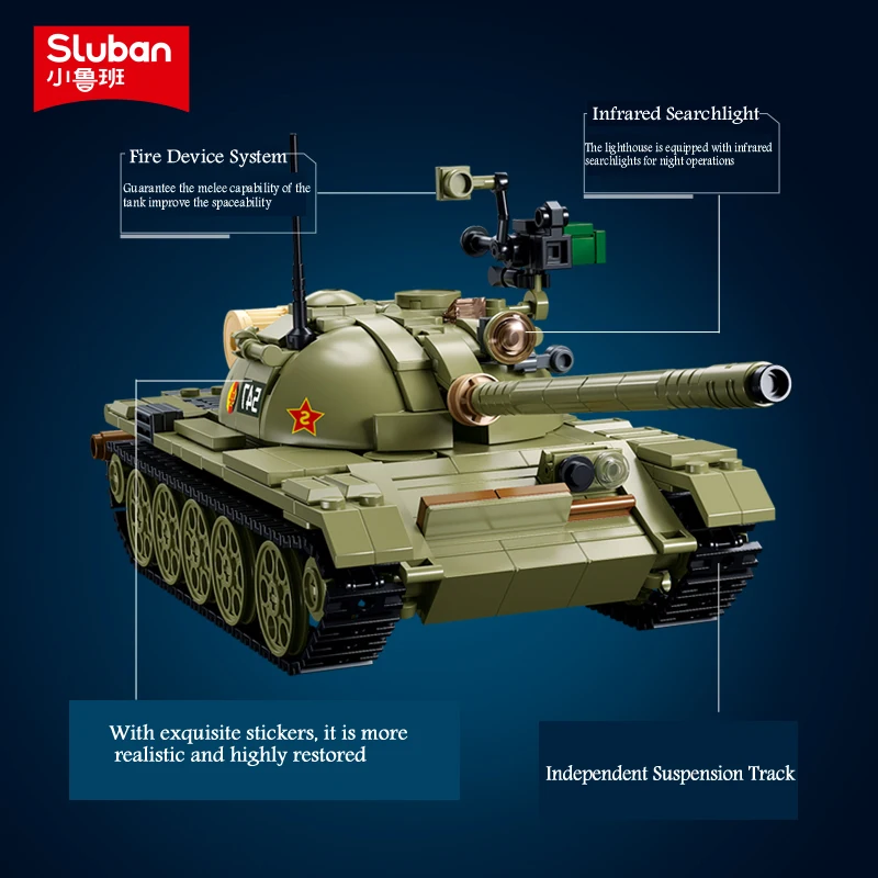 Sluban New WW2 Military 3 IN 1 The T-54S T-55A T-69S Medium Tank Building Blocks Soldiers Army Bricks MBT Toys for Boys Gifts