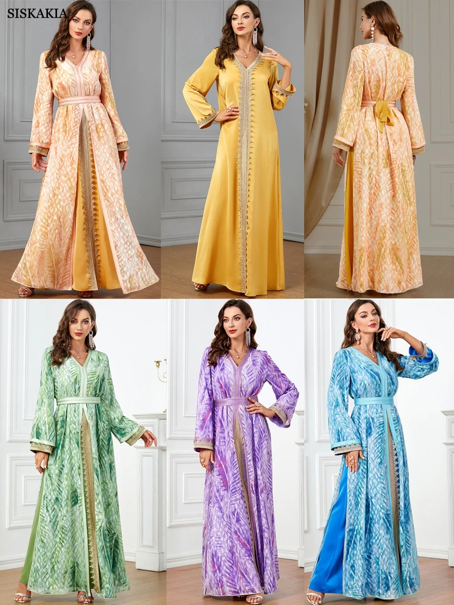 Siskakia Moroccan Dress Kaftan 2 Piece Abaya Set Evening Robe Printing Full Sleeve V-Neck Islamic Caftan Ramadan Muslim Clothing