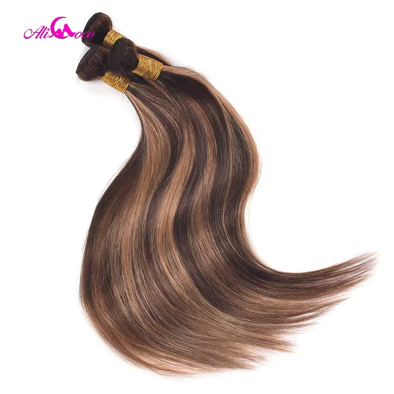 Ali Coco Brazilian Ombre Hair Bundles Bone Straight Human Hair Bundles P4/30 Brown with Highlight Color Remy Hair Weave Bundles