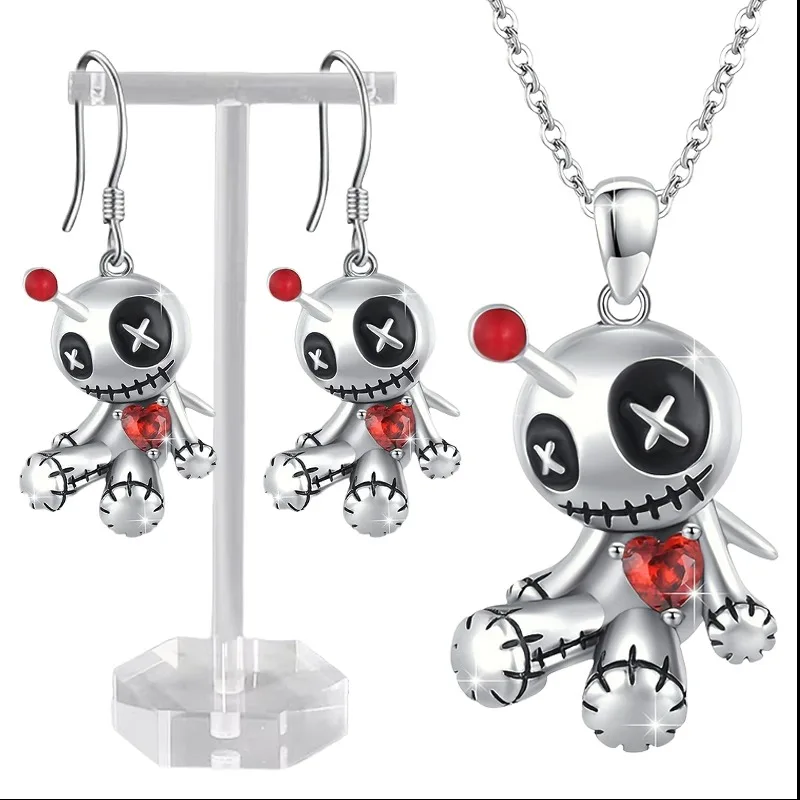 Halloween Curse Doll Necklace Earring for Women Creative Cartoon Gothic Red Heart Doll Jewelry Accessories Halloween Party Gifts