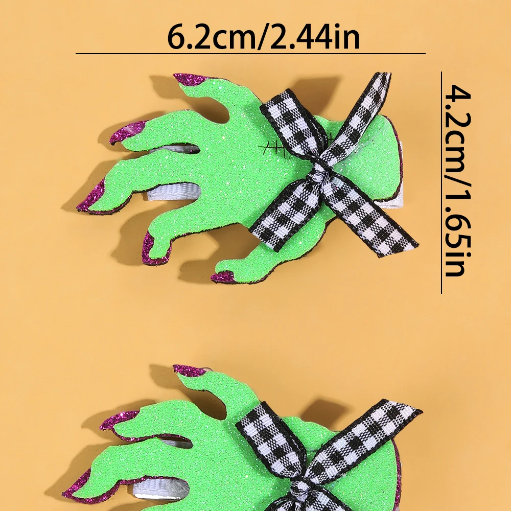 2 ชิ้นฮาโลวีนปาล์มสีเขียวคลิปผม Sparkly Bow Hairpin สําหรับสาวเด็ก Spooky น่ารักปาร์ตี้คอสเพลย์ Headdress อุปกรณ์เสริมผม