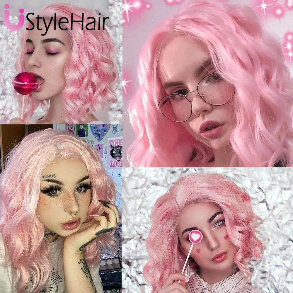 UStyleHair Short Pink Wig Lace Front Synthetic Hair Natural Hairline Short Wave Wigs for Women Daily Use Cosplay Party Wig