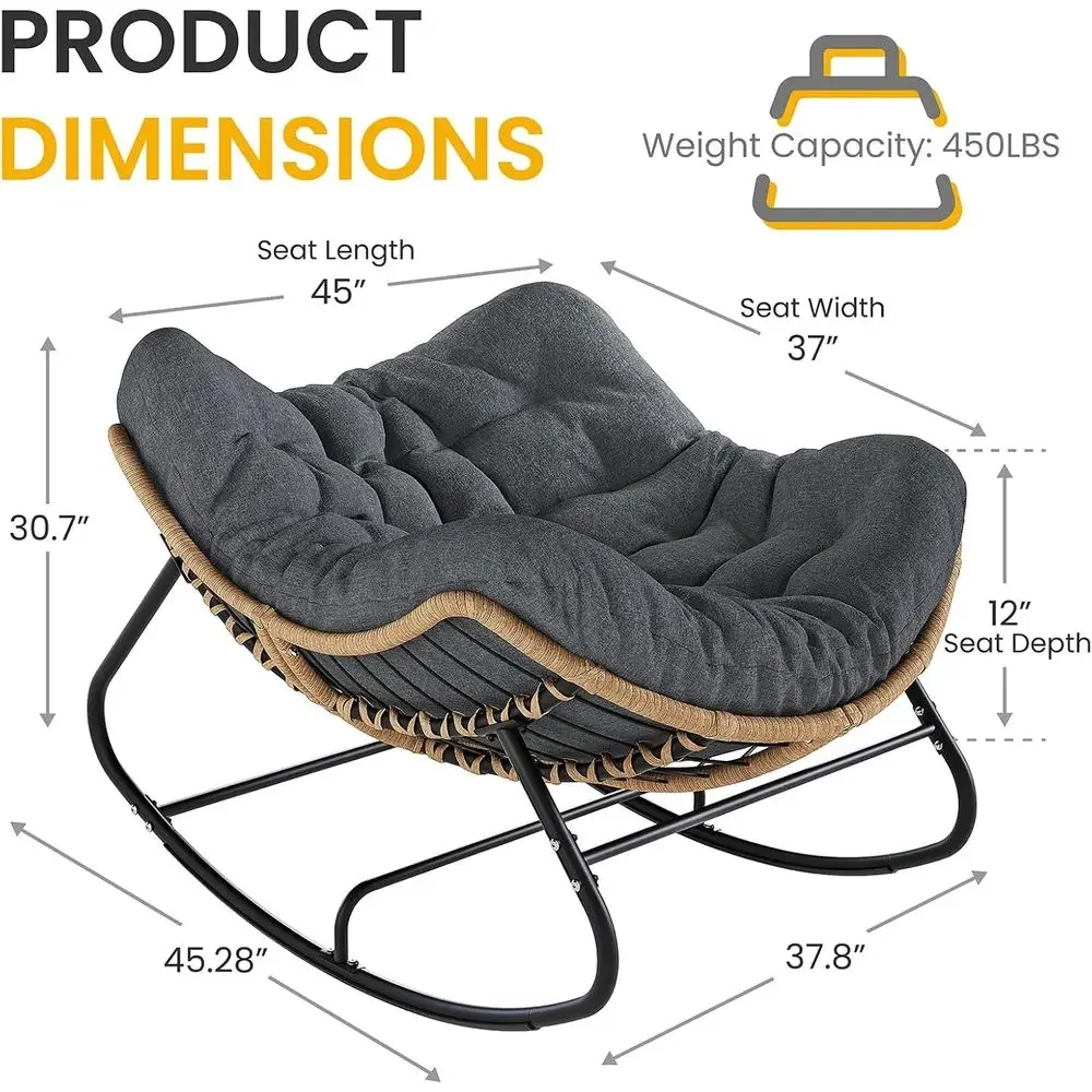 Outdoor Oversized Wicker Papasan Rocking Chair with Thick Cushion, 450 lbs Capacity, Suitable for Patio, Garden, Balcony - Gray