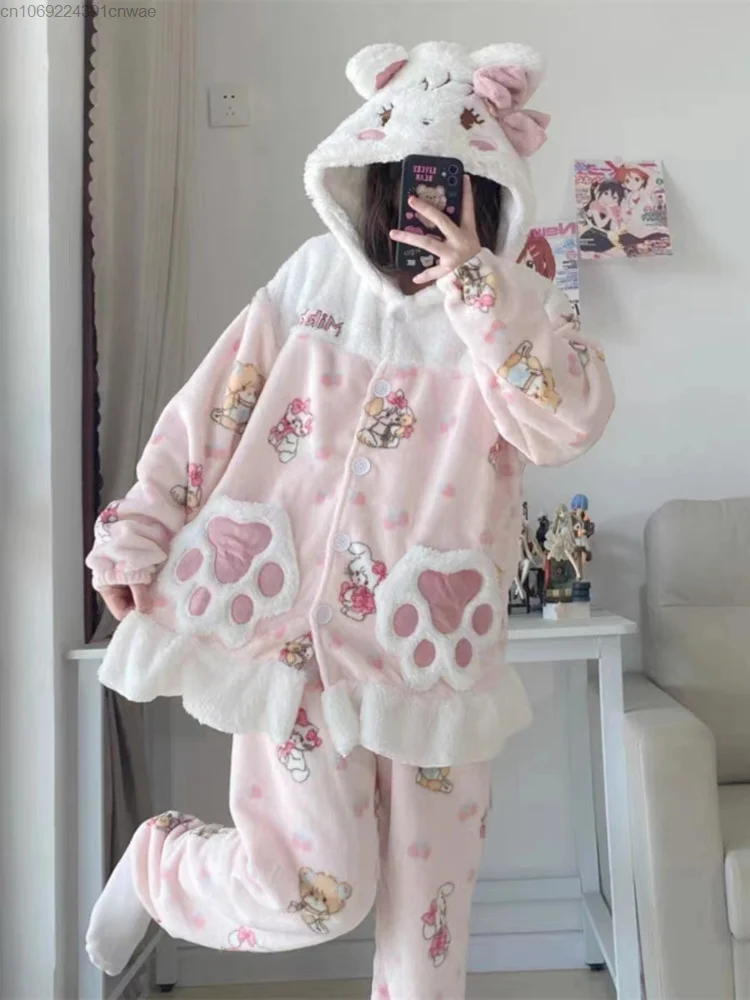 Kawaii Mikko Coral Plush Sleepwear Set Female Cartoon Cute Warm Pijama Pjs Thickened Home Fur Sleeping Wear Two Piece Set Girls