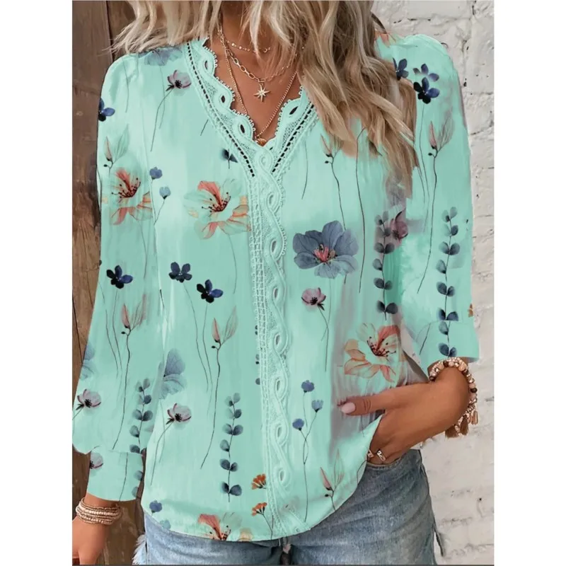 Casual Women's Flower Print Shirts Autumn Elegant Short Sleeve V-neck Lace Blouse Office Lady Ruffled Hollow Out Womens Clothing