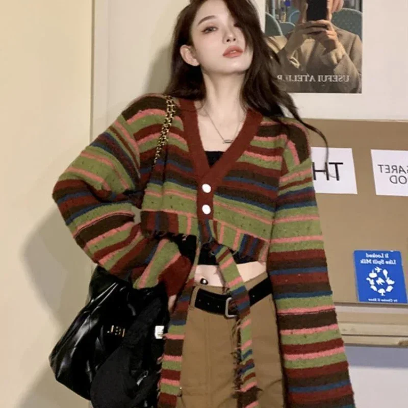 Women Cardigan Vintage Chic Color Collision Striped Tie Knit Cardigan Spring and Autumn Short V-neck Sweater Cardigan Female