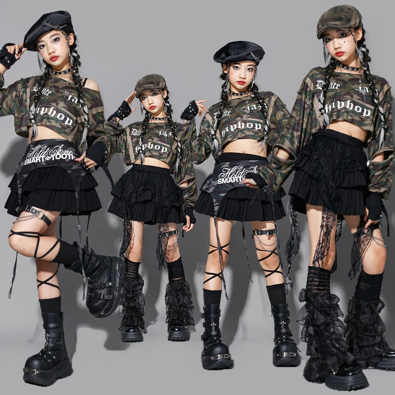 K-pop Costume da ballo Ragazze Jazz Outfit Kid Performance Show Abbigliamento Camouflage Crop Top Gonna nera Moda Streetwear AMY2928