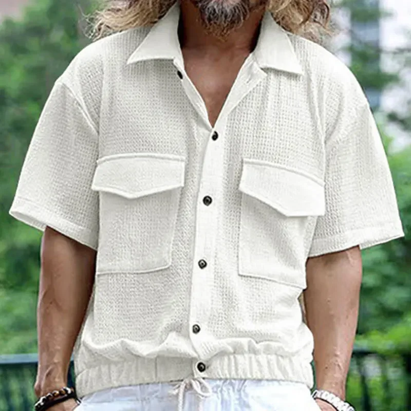 

Мужские футболки с коротким рукавом, однобортная повседневная рубашка, мужские блузки с отложным воротником, однотонные свободные карманы на пуговицах, лето 2023 г.