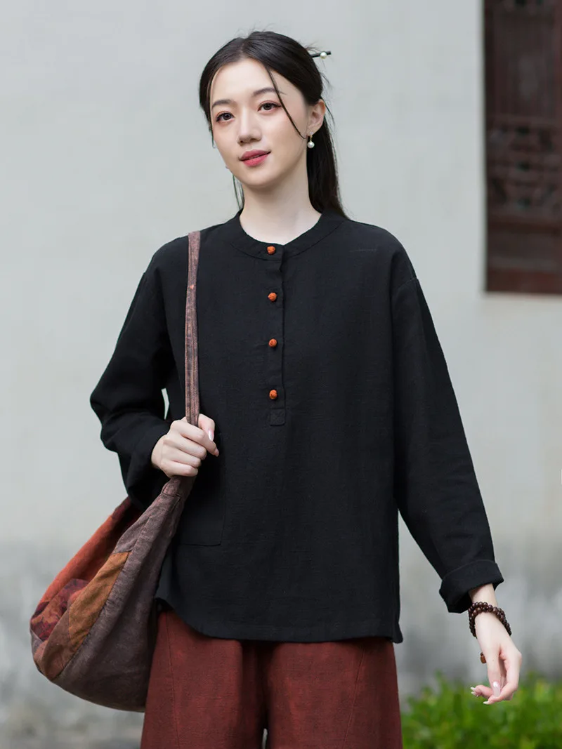 Retro New Chinese Cotton Linen Women's Loose Art Zen Style Lay Brother's Clothes National Style Buttoned Large Size Top