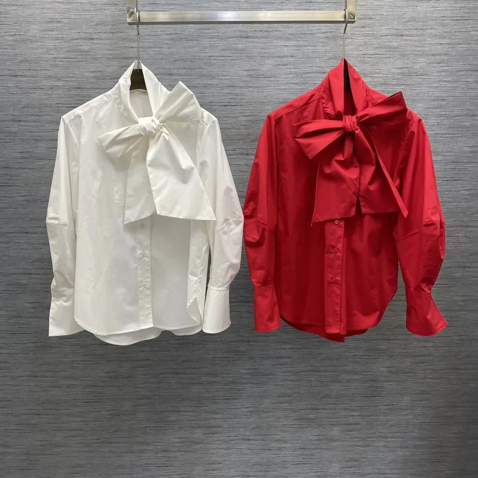 

2024 spring women big bow collar solid cotton shirts long lantern slim fashion tops blouses red white