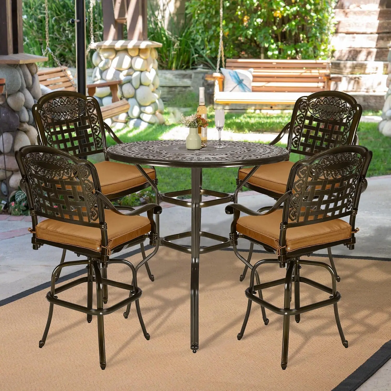 

Outdoor Swivel Bar Stools Set, All Weather Cast Aluminum Patio Bar Height Bistro Set with Cushioned Bar Chairs