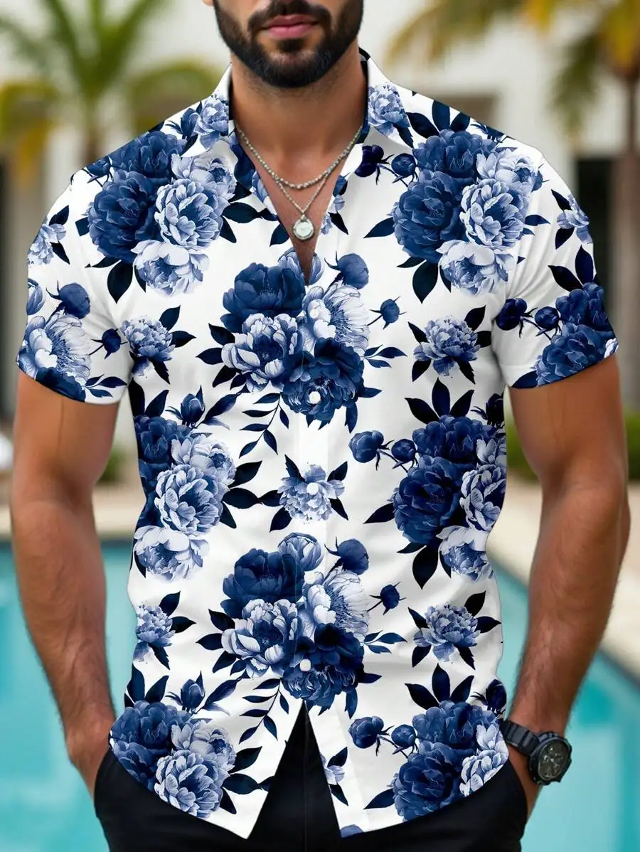 

Men Casual Floral Print Short Sleeve Shirt Hawaiian Style Slim Fit For Summer Vacation