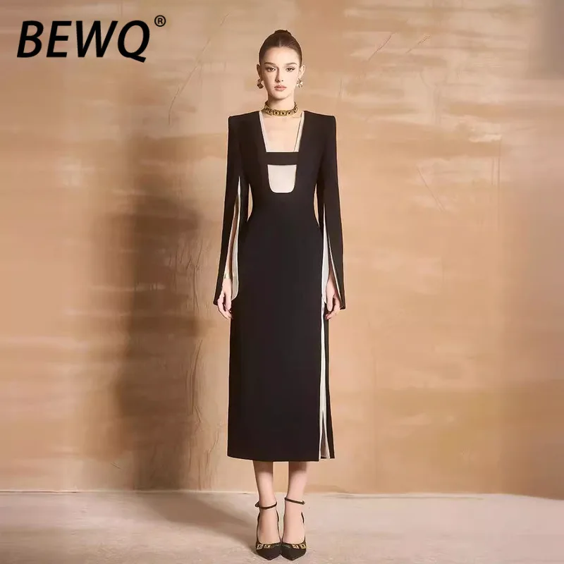 BEWQ Elegancka Sukienka Damska z Kwadratowym Dekoltem, Patchworkowa Gaza, Wysoki Stan, Rozcięcie na Rękawie, Sukienka Wieczorowa na Imprezę, Nowość Jesień 2025