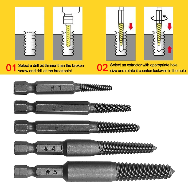 Juego de guías de brocas centrales para Extractor de tornillos, removedor de pernos rotos y dañados, vástago hexagonal y llave para herramienta de mano rota, 5 uds.