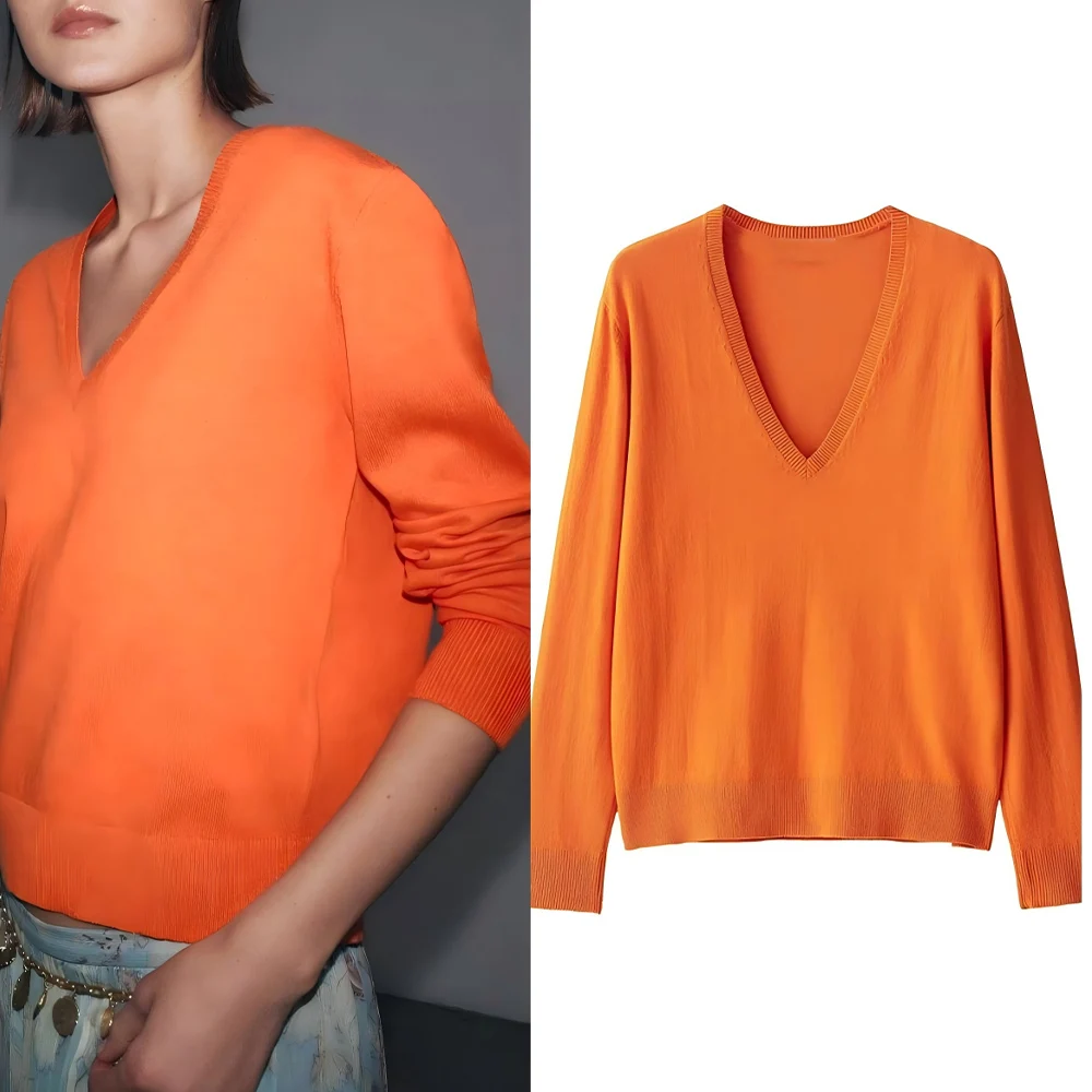 

Women's new fashion solid versatile casual V-neck flat needle knitted sweater retro long sleeved women's pullover chic top