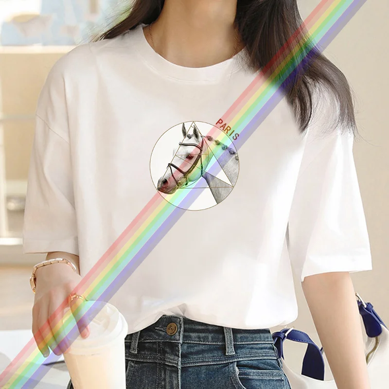 2024 New Y2k Fashion Women Cotton T-shirt Horse Print Short Sleeve and Round Neck Cute Graphic Tee Shirts Female Tops Clothin