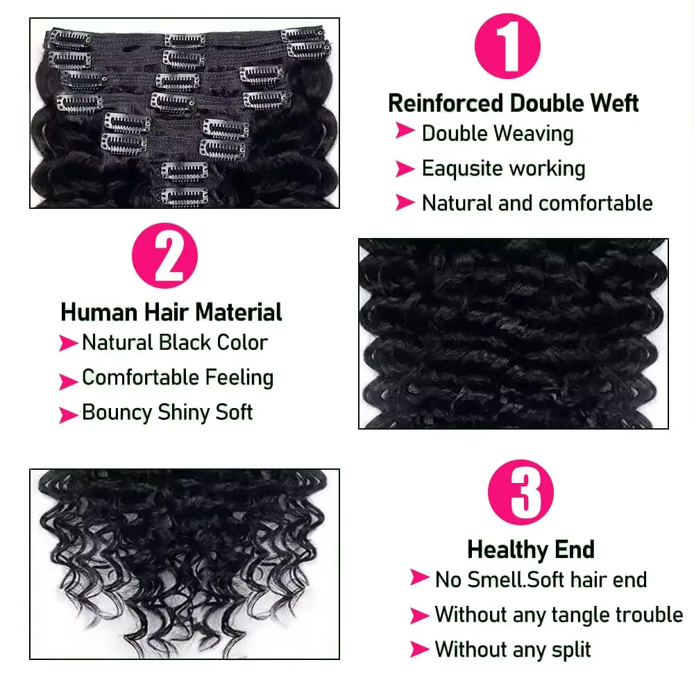 Grampo encaracolado em extensões de cabelo humano onda profunda clipe brasileiro em preto natural sem emenda clipe ins extensões de cabelo remy 120g