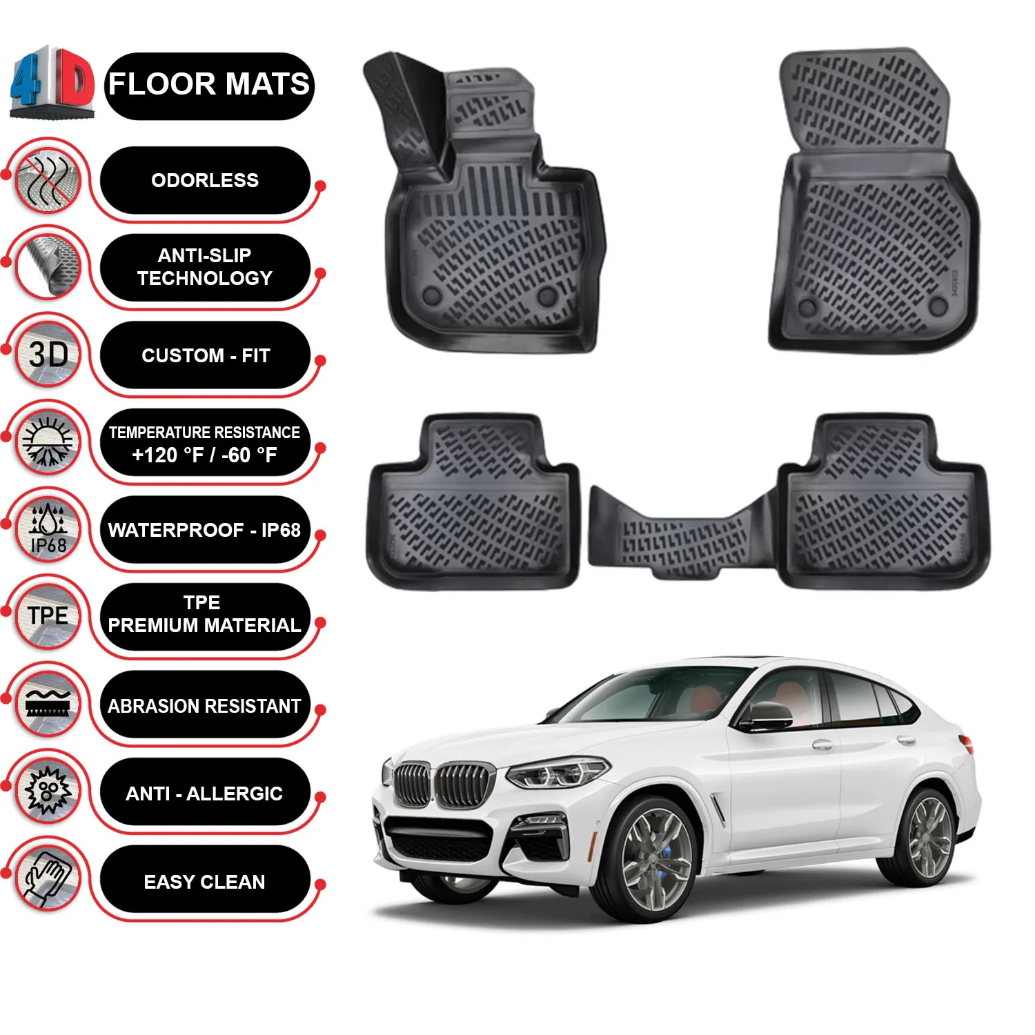 BMW X4 - (2018-2022) Floor Mats Liner Waterproof 3D - (Black)